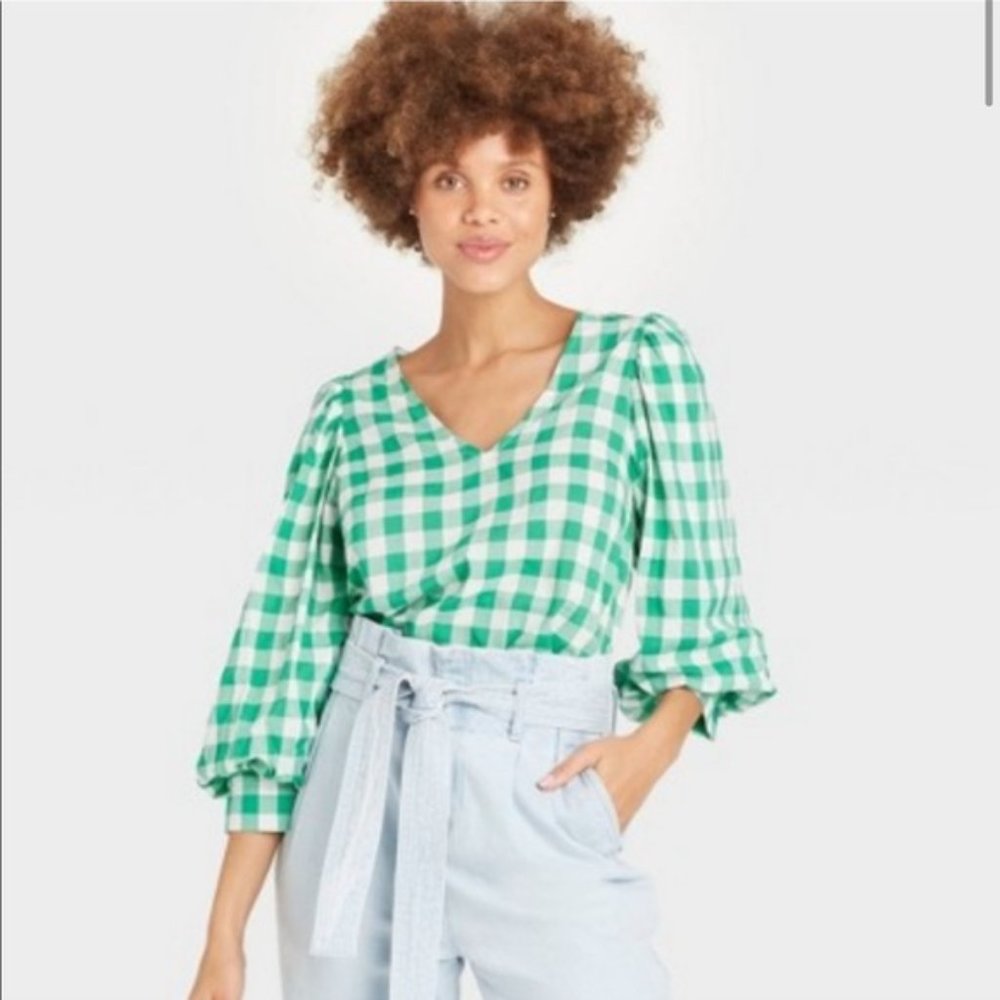 A New Day Green Gingham Blouse (L)